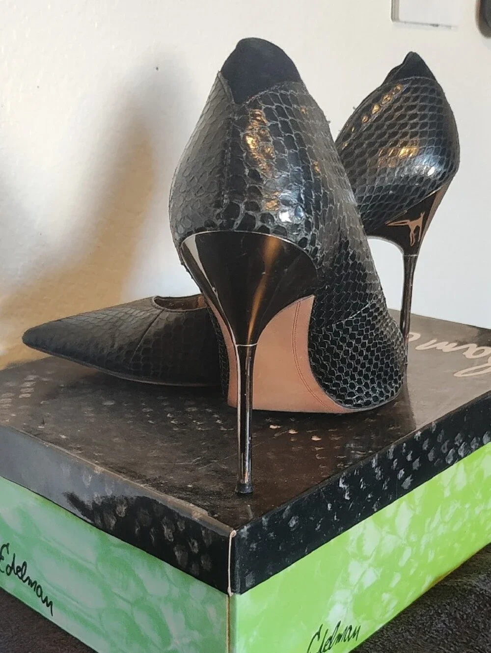 Black Pointed-Toe Snake-Print Stiletto Pumps Sam Edelman Ginger Heel